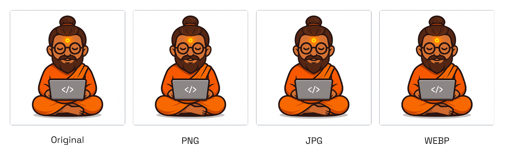 Example showing image conversion between PNG, JPG, and WebP formats using FrontendBaba Image Format Converter